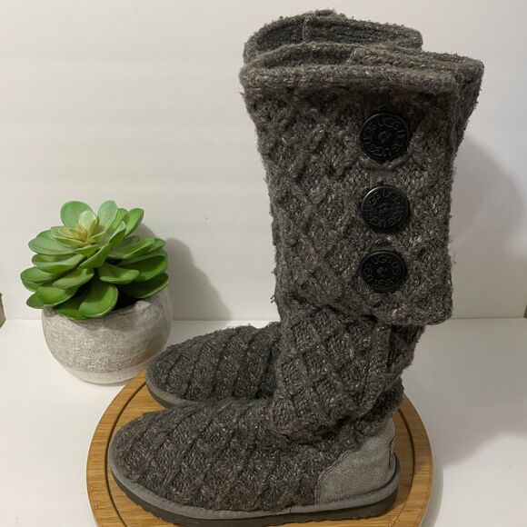 UGG Cardy Lattice Knee High Boots Knit Fold Over Gray Button 3066 Women's‎ 8M - Picture 1 of 11